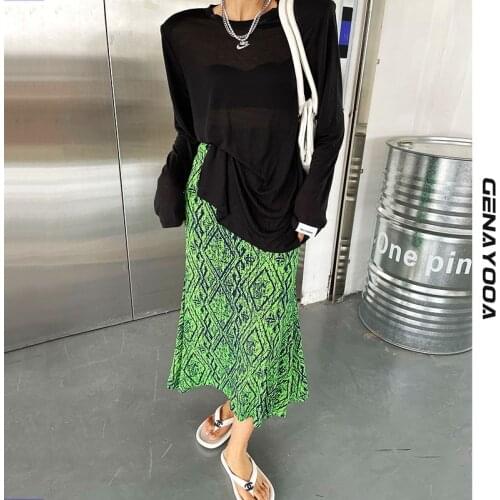 Genayooa Streetwear Tie Dye Skirt Women 2021 Summer Korean Style Elastic Waist Green Ladies High Waist Skirt Y2k Vintage