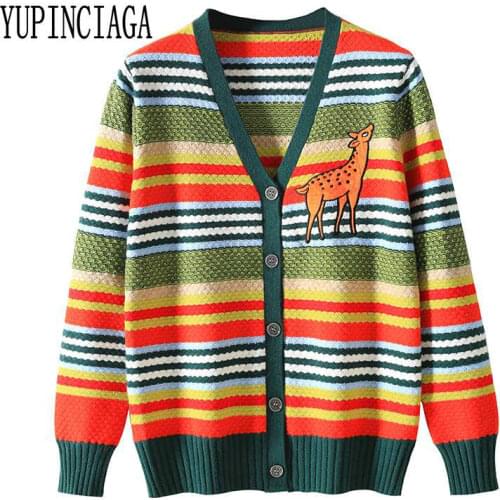 YUPINCIAGA 2020 Spring New Long Sleeve V-neck Striped Cardigan Women Sweet Embroidered Deer Casual Loose Knitted Sweater Girl
