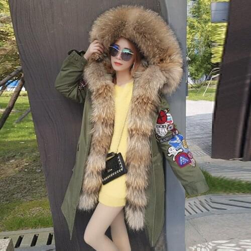Women Long Winter Coat Real Large Raccoon Fur Hooded Jacket Thick Warm Parkas Fashion Army Green Black Outwear