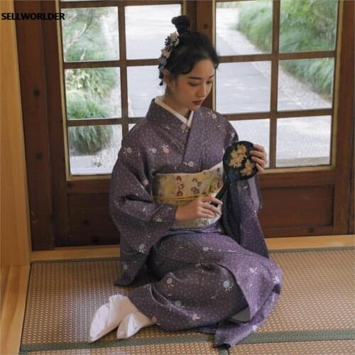 2020 retro Japanese Kimono Style yukata Girl Autumn Travel dress Woman Purple Flower print splice Long Dress with handbag