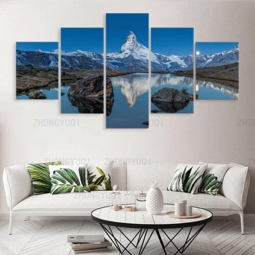 5 panels Matterhorn landscape Canvas Painting Wall Art Home Decor Modular Reflection In Stelli Lake Picture posters and Prints