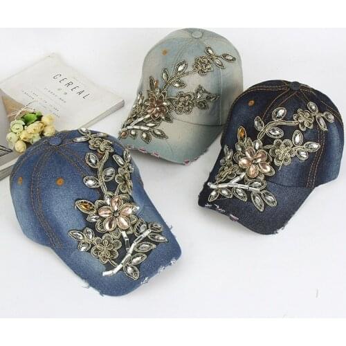 Japanese and Korean Style Baseball Cap Ethnic Wild Embroidery Flowers Ladies Caps Hot Rhinestone Denim Street Hip-hop Hats
