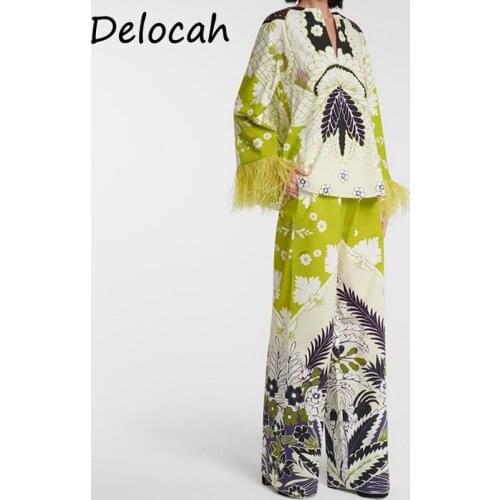 Delocah New 2021 Autumn Women Fashion Designer Pants Suits Long Sleeve Feather Blouse + Vintage Printed Long Pants Suits Suits