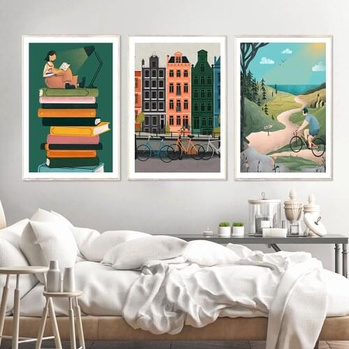 Nordic Amsterdam House Posters Print Abstract Boy Biking Canvas Painting Reading Girl Wall Art Pictures Living Room Home Decor