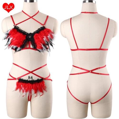 Red Feather Body Harness Set Lace Crop Top Harness Bra And Feather Bottom G-string Sexy Lingerie Bondage Suit Pole Dance