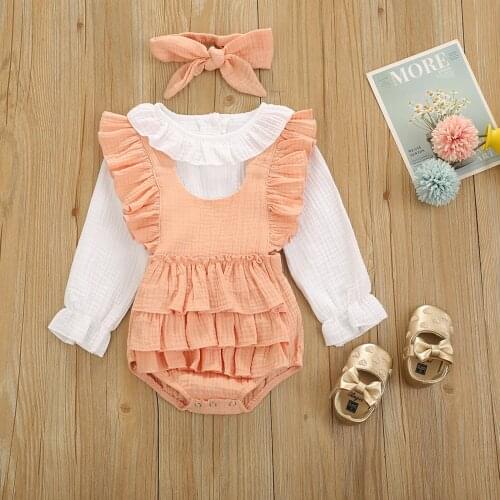 Toddler Long Sleeve Blouse Suspender Suit Headband Suit Linen Cotton Crotch Home Sleeping Ruffle Solid Color Clothes 3pcs