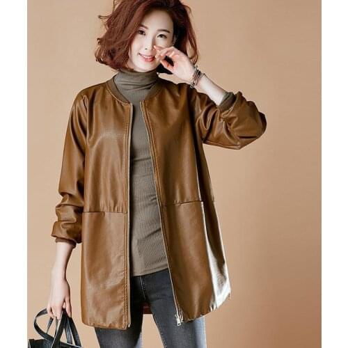 2021 Fashion Women Loose Faux Leather Jackets Casual O Neck Long Sleeve Basic Coats Autumn Winter Soft PU Leather Lady Outerwear