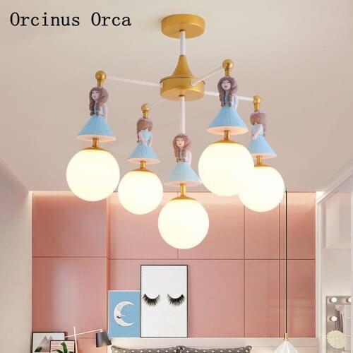 Cartoon Creative LED Resin Princess Chandelier Girls Bedroom Childrens Room Lamp American Simple Colored Doll Chandelier