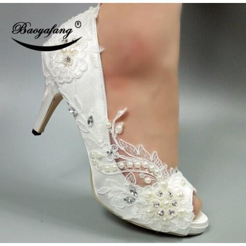 BaoYaFang New 2018 White Lace flower shoes Peep Toe Women Wedding shoes Bride High heel Ladies Party Dress shoes Fish Toe