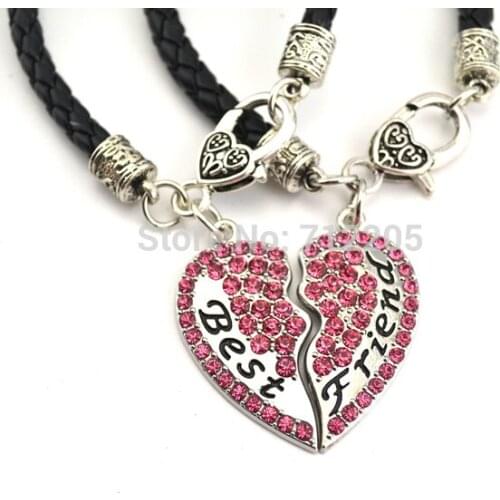 New Arrival 20pcs a lot rhodium plated Mother Daughter Best Friend pink Crystal Heart Pendant Lobster Claw Bracelet