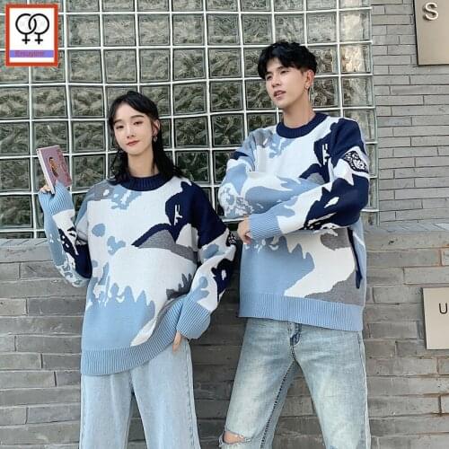 Autumn Winter Knitted Pullovers Long Sleeve Casual Loose Printed O Neck Matching Boyfriend Girlfriend Couple Sweaters