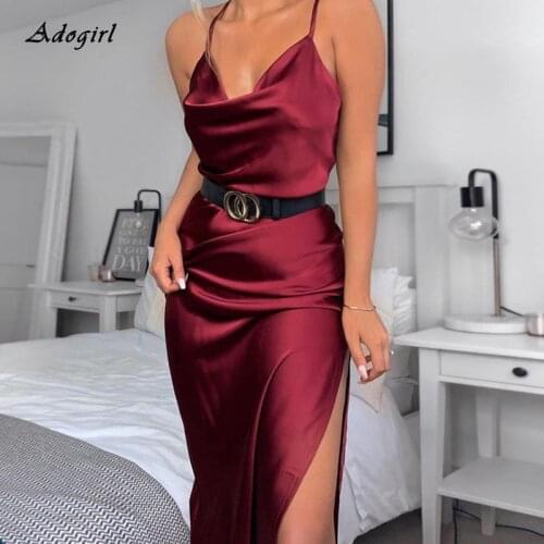 Women Sexy Spaghetti Strap Satin Dress Elegant Square Collar Sleeveless High Slit Red Women Dress Black Clubwear Party Dress