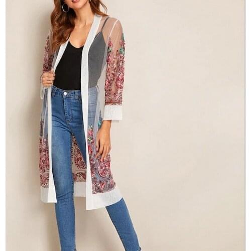 Beach Holiday Summer Womens Embroidered Exotic Smock Coat Loose Comfortable Fashion Leisure Long Shirt Coat
