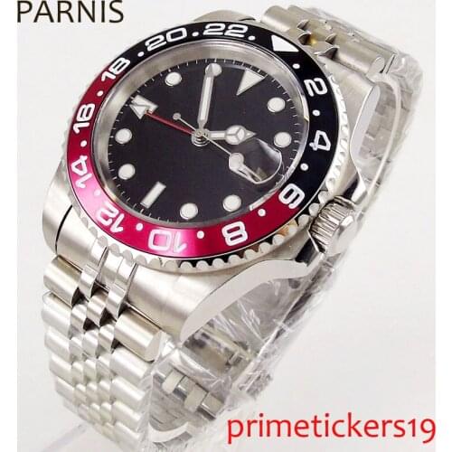 Luxury 40mm PARNIS sterile black dial date window black red bezel sapphire glass GMT automatic movement mens watch PA1191