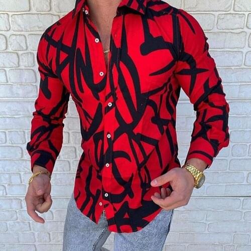 2021 Shirt Men Spring Autumn shirt Mandarin Collar Long Sleeve Top Men Brand Slim Printed Red Shirts 3XL