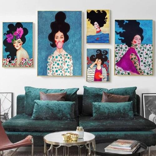 Nordic Abstract Girl Flower and Bird Wall Art Canvas Painting Posters and Prints Wall Painting Living Room Home Decoration