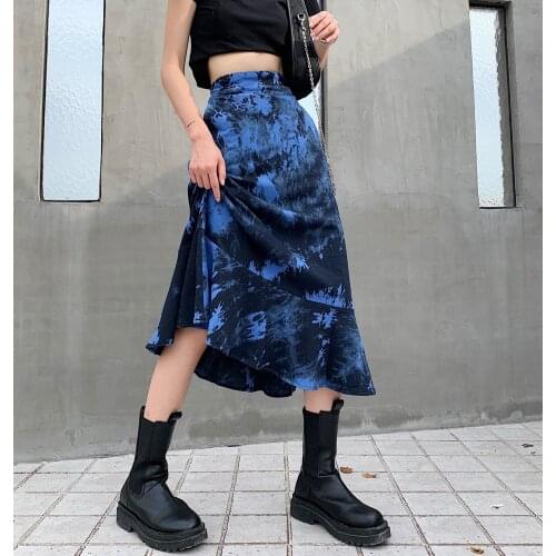 Ucuhulnl Harajuku Blue Tie Dye Skirt Goth Punk High Waist Ruffle Skirts Streetwear Patchwork A Line Women Skirts Party Club Wear