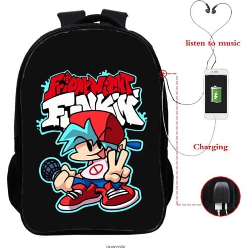 Usb Charging Backpacks Friday Night Funkin Backpacks Back To School Bookbag 16 Inch Teenager School Bags for Boys Girls Mochila