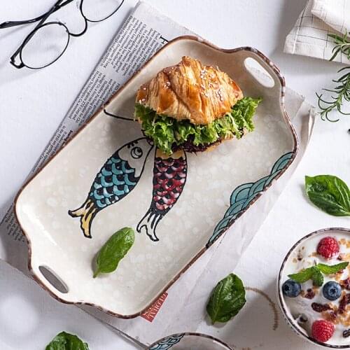Japanese underglaze color long plate steamed fish plate breakfast household dish ceramic dish microwave tableware tray