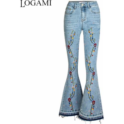 LOGAMI Floral Embroidery Jeans Woman Plus Size Women Vintage Ladies Jeans Embroidered Flares Pants