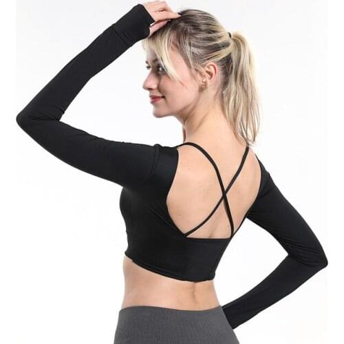 Taoyekma Back Cross Slim Fit Sport Gym Yoga Shirts Women Long Sleeve Plus Size Workout Fitness Crop Top with Removable Pads