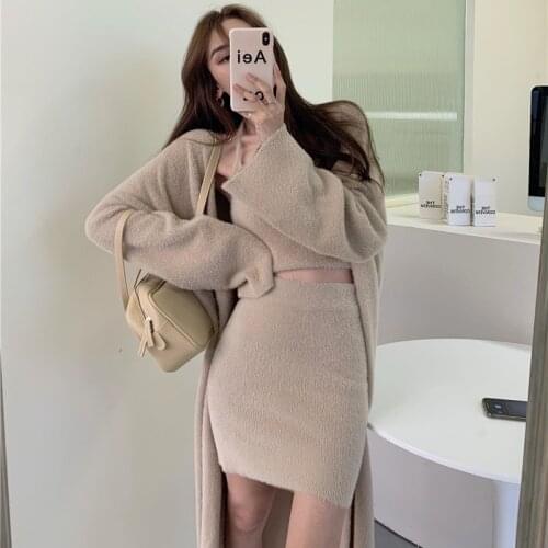 Autumn And Winter Women High Quality Knit 3 Piece Sets Fashion Long Cardigan Coat Solid Knit Vest + Bodycon Pencil Skirt Suits