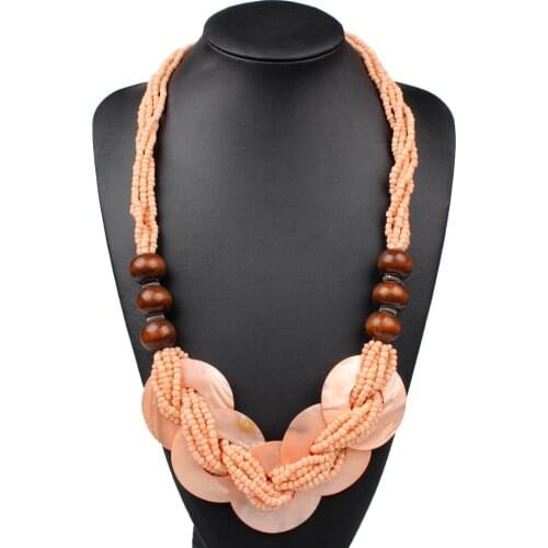 Claire Jin Wood Balls Big Shell Necklaces Boho Jewelry Small Bead Handmade Ethnic Bohemian Women Long Necklace Sweater Chain