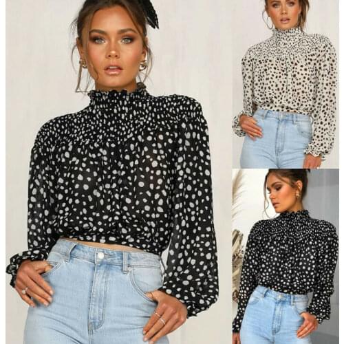 2019 Hirigin Womens Long Sleeve Turtleneck Blouse Polka Dot Ladies Casual Slim Fit Sexy Collect Waist Tops Shirt