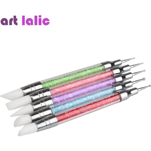 5pcs/Set 2 in 1 Nail Art Silicone Head Rhinestone Picking Dotting Pen Acrylic Holder Carving Emboss Build Brush Tools