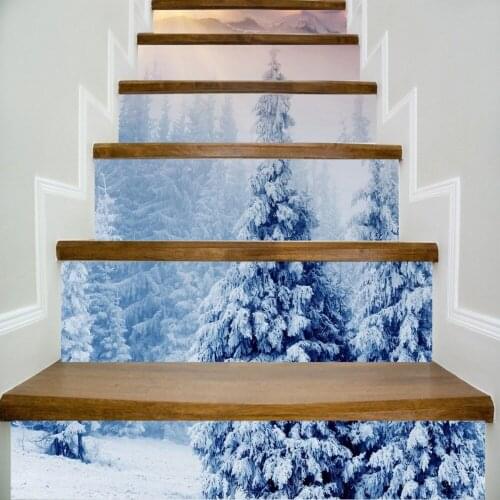 6pcs/set 18cm x 100cm Snowy Pine Trees in The Sun Pattern Stair Sticker Art Poster LTT095