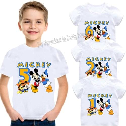 Disney Infant Boy Summer Clothes Mickey Mouse Donald Duck Baby Birthday Number T-Shirt Child Cartoon Printed Cotton Tee Kid Gift