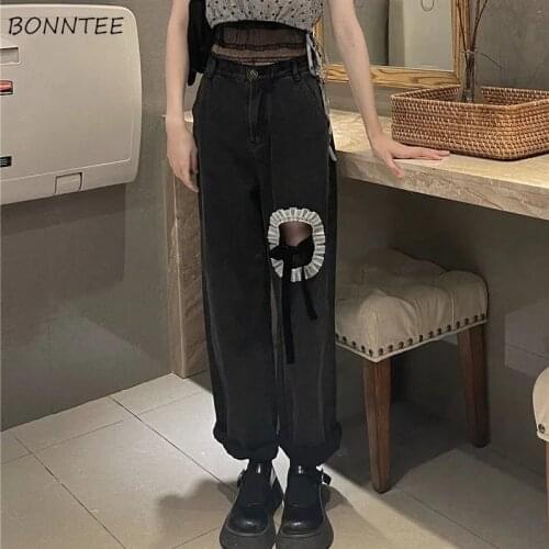 Women Jeans Straight Patchwork Leisure Ruffles Design High Waist Teens Trousers Korean Style Fashion Preppy Loose Femme Street