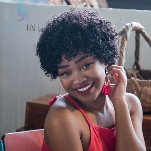Short Human Hair Afro Kinky Curly Pixie Wigs Malaysian Remy Curly Full Machine Made Wigs 180% Density Natural Colo Wig For Women