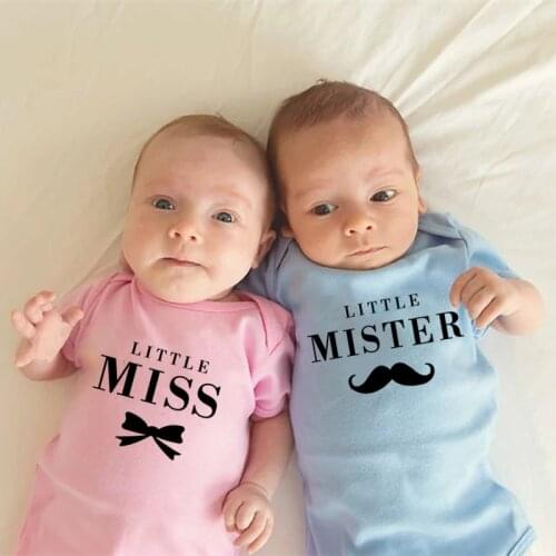 Little Miss and Little Mister Baby Girls Boys Summer Short Sleeves Jumpsuit Twins Baby Bodysuits Newborn Romper