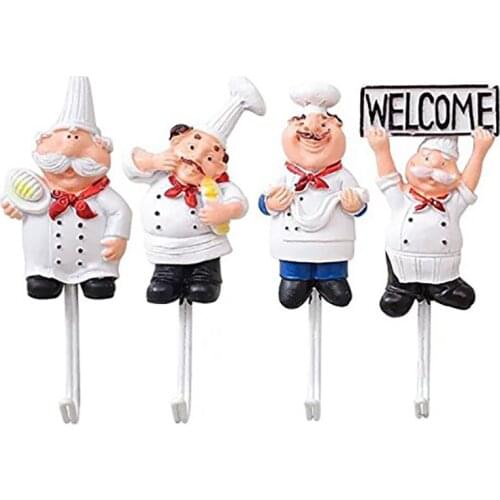Pack of 4 Resin French Chef Figurine Wall Hooks Decorative Cook Wall Mount Rack Hook Hanger(Assorted Style)