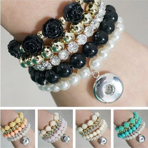 New 7colors Beauty Multilayer Bracelet Flowers Pearls snap bracelets Bangles fit 18MM snap buttons jewelry wholesale AB0035