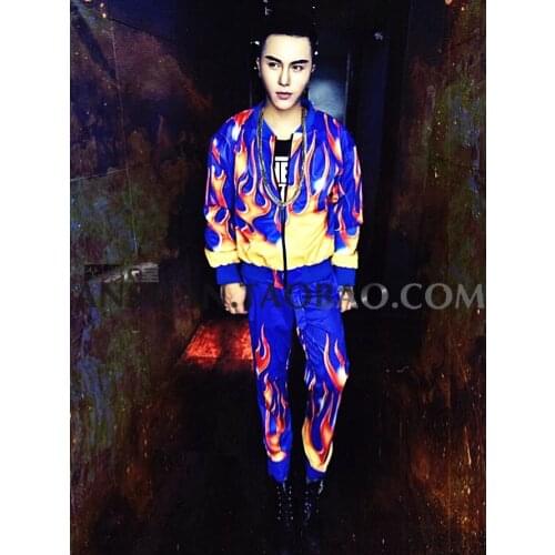 New Novelty fashion long sleeve Blue Flame hip-hop Loose Baseball Uniform Jacket wear Male singer Nightclub Bar DJ DS Costumes