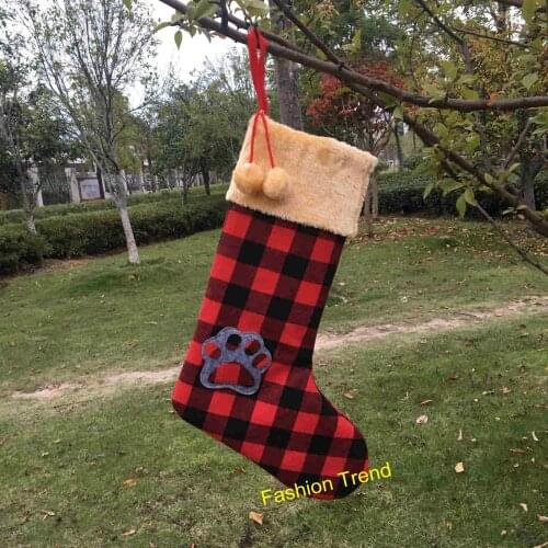30pcs/lot New Arrival Faux Fur Good Quality Christmas Stocking With Pompom Pet Paw Print Plaid Red Black Color