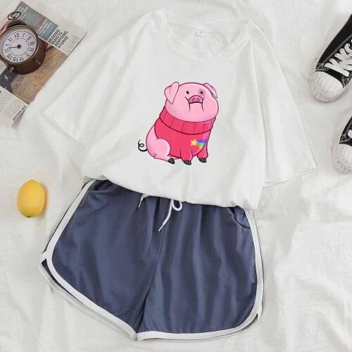 Sleep Wear Women Pajama Nightwear Set Shorts Sets for Women Ladies Striped Shorts Two Piece Outfits Cartoon Tee Pig Print