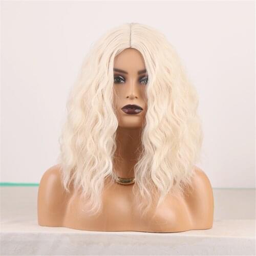 Short Water Wave Wig Bob Cut Synthetic Heat Resistant Fiber Hair Wig Middle Part Machine Made Wig with Baby Hair