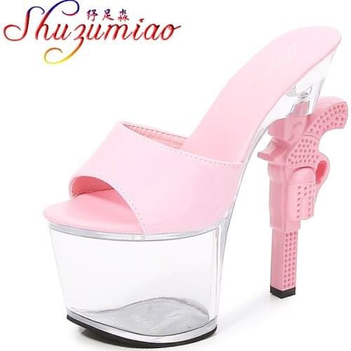 Shuzumiao Sexy Gun Heel Slippers Women Patent Leather Women Shoes 2021 Summer New Outside Slides Transparent Platform High Heels