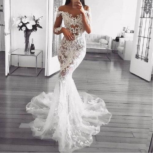 Sexy Long Sleeve Lace Wedding Dresses 2020 robe de mariee Mermaid Wedding Gowns Long See Through Custom Made Bride Dress