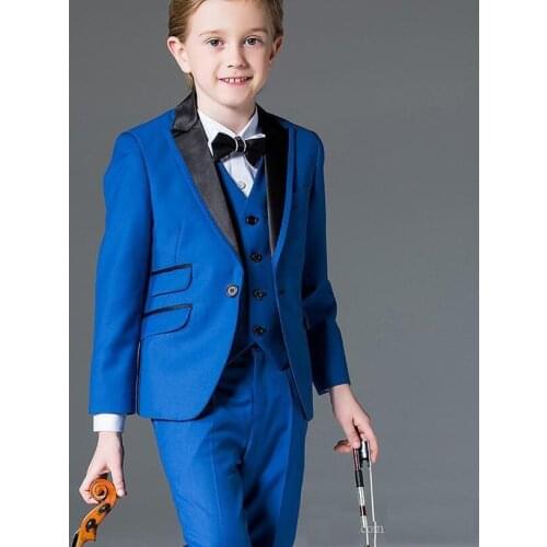 Blue Flower Boys Children Wedding Groom Tuxedos Kids Formal Party Prom Suits 3 pieces (jacket + pants + vest)