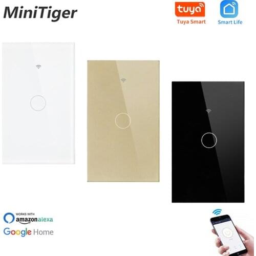 Minitiger Glass Panel 1 Gang 1 Way WIFI Touch Switch Tuya Smart Life APP Control US Standard Wall Switch Null and Fire Line