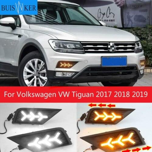 2PCS Car light for Volkswagen VW Tiguan 2017 2018 2019 DRL Daytime Running Light with Yellow Turn signal fog lamp