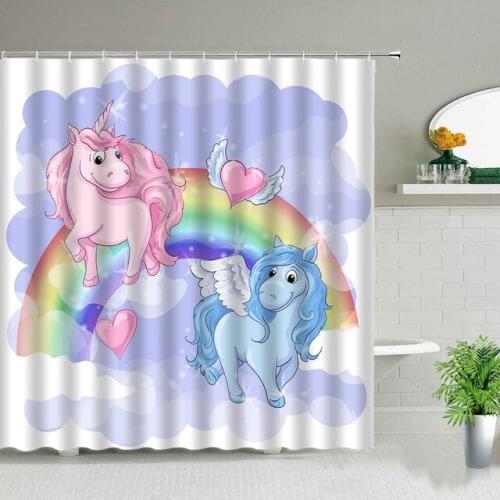Lovely Unicorn Shower Curtains Bathroom Decor Cartoon Rainbow Butterfly Kids Baby Bath Curtain Waterproof Polyester Fabric