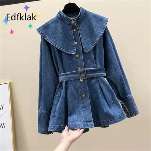 Fdfklak Waist Belt Shawl Doll Collar Denim Jacket Female New Ins Loose Korean Fashion Shirt Coat Women Clothing Retro Doudoune