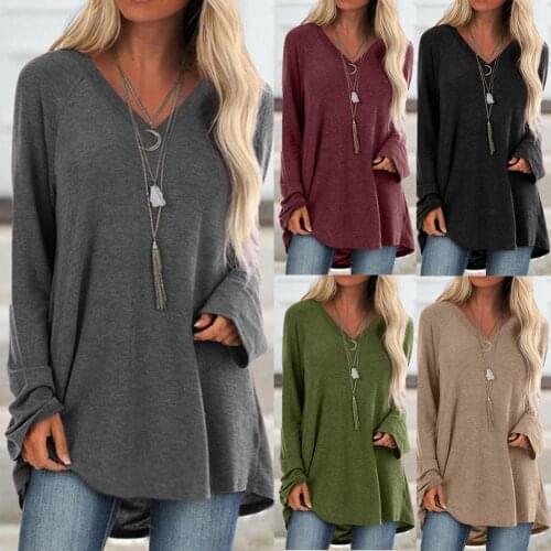 Plus Size Womens Casual blouse Solid Color Long Sleeve V Neck Pullover Loose Midi Blouse Tops Blouse female clothing