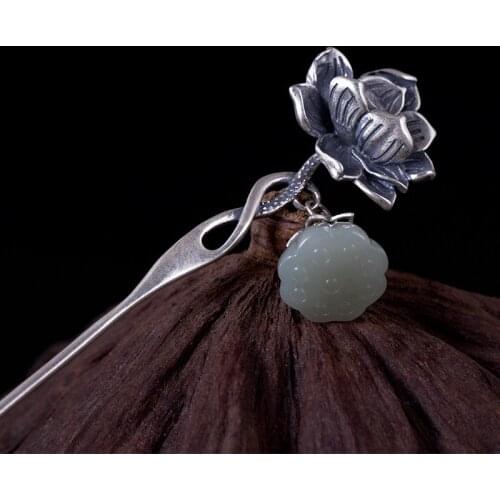 925 Sterling Silver Lotus Flower Chinese Jade Hair stick Kimono Hair Accessories Sticks Women Luxury Jewelry Hairpins Lotus Root