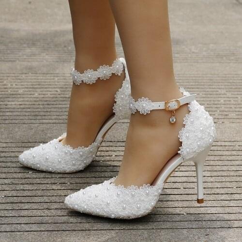 White Lace Flowers Women Wedding Shoes Wristband Bride Shoes One Word Buckle Thin Heels Ladies High Heels wedding shoes crystal